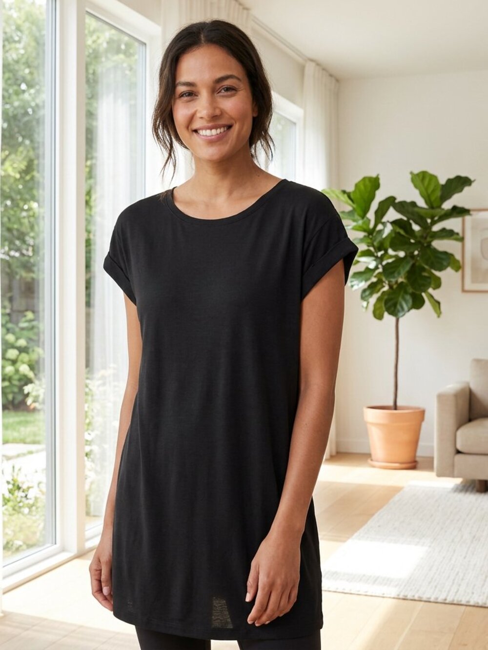 ATHLETA Top/Blouse L Black Pullover Short Sleeve Machine Wash Bin 6